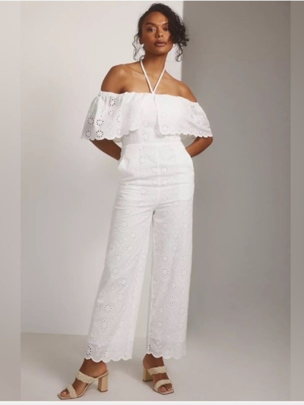 NWT Maeve Anthropologie White Eyelet Off Shoulder Romper Size 14 Boho Summer